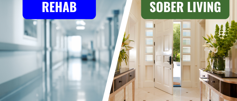 Side-by-side image showing a hospital hallway labeled 'Rehab' and a home doorway representing 'Sober Living'—highlighting recovery options in Ventura County.