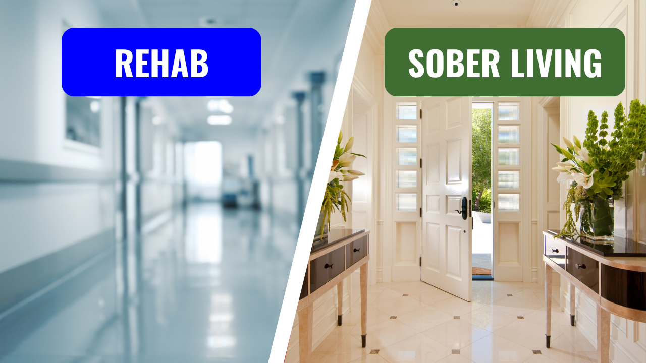 Side-by-side image showing a hospital hallway labeled 'Rehab' and a home doorway representing 'Sober Living'—highlighting recovery options in Ventura County.